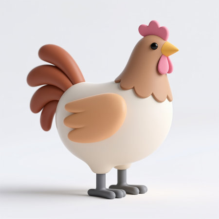 A cheerful cartoon chicken with a white body, brown wings, and a pink comb, set against a clean white background with subtle shadows.の素材