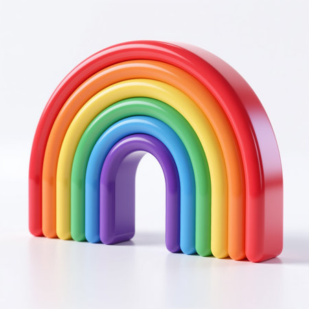 A rainbow symbol, made of layered, smooth, and shiny plastic, represents diversity and inclusivity, with a minimalist white background and subtle shadow.の素材