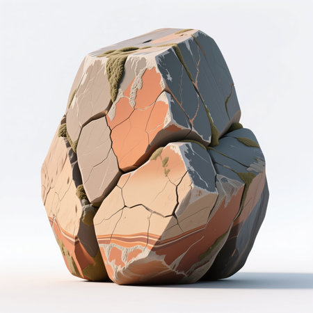 A digital illustration of a cracked stone sculpture with earthy tones, symbolizing fragility and impermanence, set against a minimalist white background.の素材