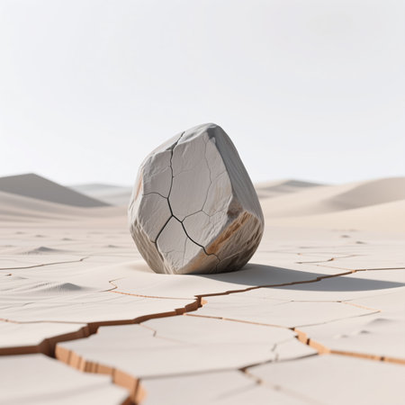 A cracked stone sits on parched earth, symbolizing desolation and dryness, in a minimalist desert scene with sandy dunes and a pale sky.の素材