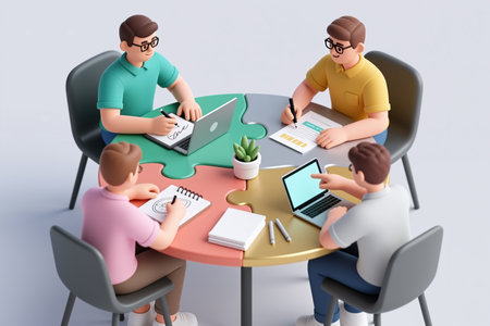 People collaborating around a puzzle table, working on laptops and papers, in a modern, minimalist style, with a simple white background.の素材