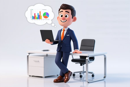 Leaning on a sleek office desk, a cheerful cartoon man in a blue suit holds a laptop, lost in thought amidst colorful charts and graphs.の素材