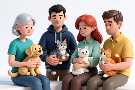 Cartoon-style people sitting together holding various pets, against a plain white background, showcasing a heartwarming scene of companionship.の素材