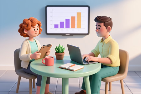 Cartoon characters collaborating at a table with laptop, notebook, and graph on screen, in a modern office setting with a calm atmosphere.の素材