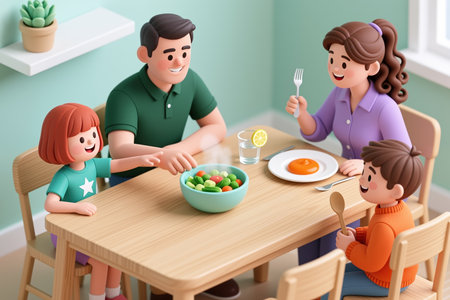 A cartoon family of four are sitting around a wooden table eating a meal together in a light green room with a window and plant on a shelf.の素材