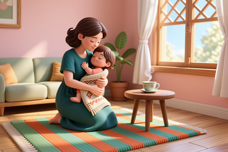 A mother gently holds her sleeping child on a vibrant rug, in a cozy room with soft pink walls and a steaming cup nearby.の素材