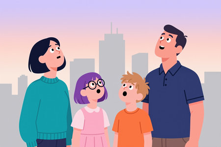 Cartoon family with surprised expressions standing together in front of a city skyline at dusk, in a simple, colorful, and playful illustration style.の素材