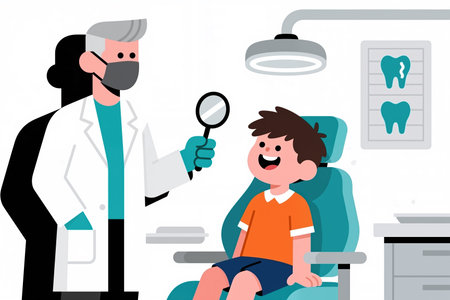 A dentist in a white lab coat and mask examines a smiling boy in a dental chair, with a magnifying glass, in a simple, colorful, flat design style.の素材