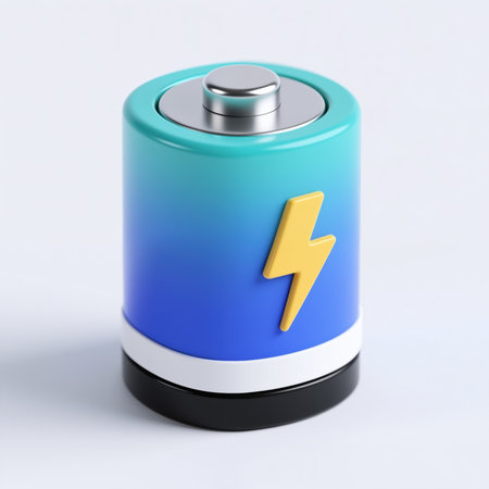 A cylindrical battery with a blue gradient, yellow lightning bolt, and silver top, symbolizing energy and power on a white background.の素材