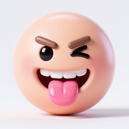 A 3d cartoon face with peach skin, winking and sticking out its pink tongue, conveying a playful and cheeky expression on a white background.の素材