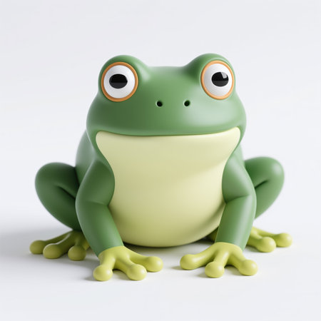 A 3d cartoon-style green frog toy with large expressive eyes and a cheerful demeanor, sitting on a white background, symbolizing playfulness and innocence.の素材