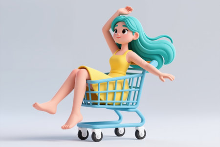 A cartoon girl with teal hair and a yellow dress rides a blue shopping cart on a light gray background, depicting a playful and carefree activity style.の素材