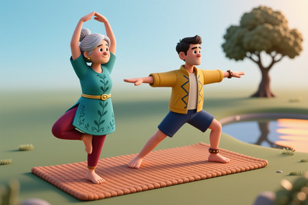 Older woman and younger man in yoga poses on a mat, in a serene outdoor setting with a tree and water in the background, in a cartoon style.の素材