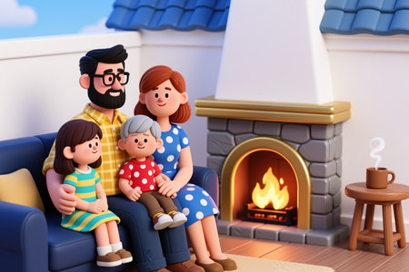 Family of four enjoying a warm moment together on a blue couch beside a lit fireplace, in a cartoon style, with a white and blue background.の素材