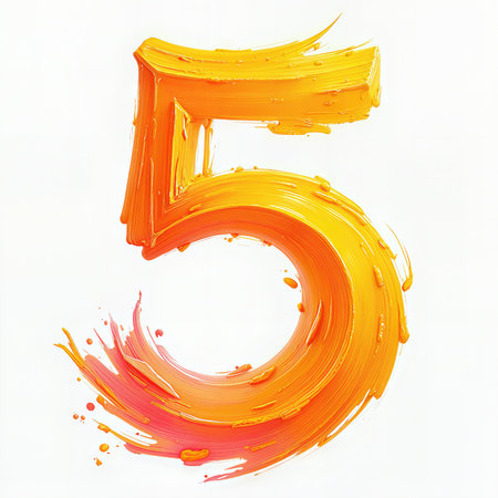 A vibrant orange and yellow number five, painted with a brush stroke effect, celebrating a fifth birthday against a white background.の素材