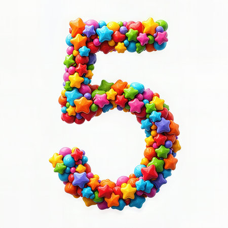 A vibrant number five composed of multicolored star-shaped candies, perfect for a 5th birthday celebration, set against a white background.の素材
