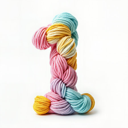 A first birthday celebration featuring a vibrant yarn number one against a white background.の素材