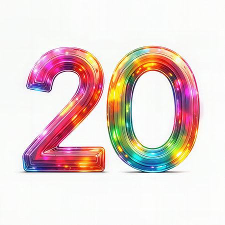 Vibrant, rainbow-colored numbers 20 for a festive birthday celebration, set against a white background.の素材