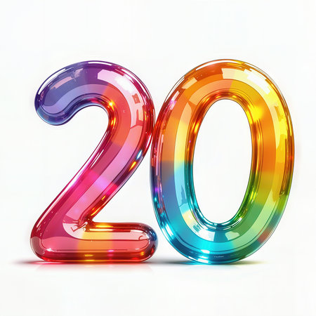A vibrant, rainbow-colored 3D number 20, celebrating a 20th birthday, set against a white background.の素材