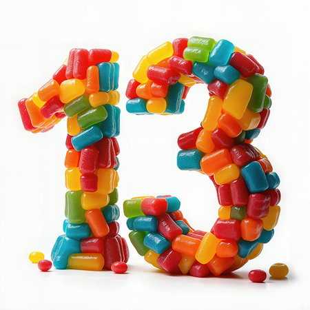 A vibrant number thirteen crafted from multicolored candies celebrating a 13th birthday against a white background.の素材