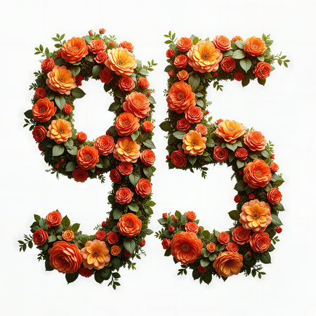 A beautifully crafted number 95 made of orange and red flowers, celebrating a 95th birthday against a white background.の素材