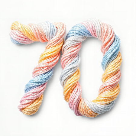 A 70th birthday celebration depicted with multicolored yarn forming the number 70 on a white background.の素材