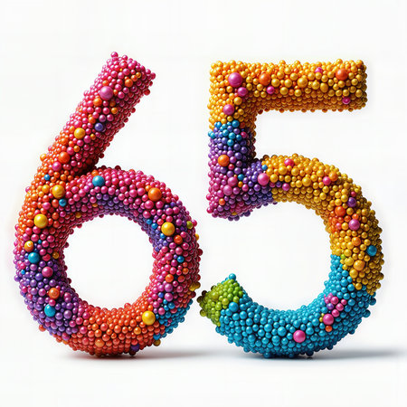A vibrant 65th birthday celebration with a 3D number made of multicolored spheres on a white background.の素材