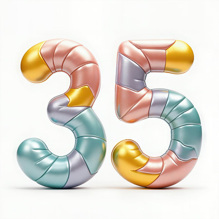 A vibrant 35th birthday celebration depicted with a segmented, metallic number 35 against a white background.の素材