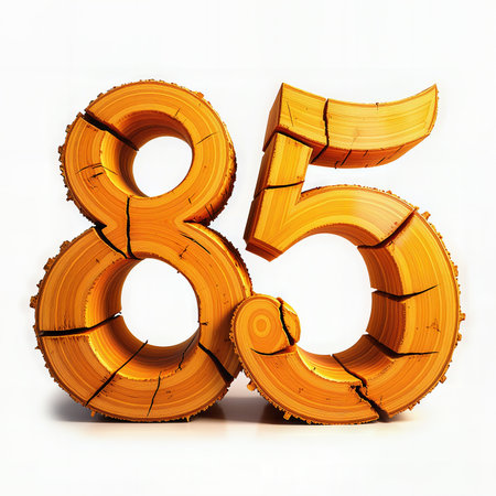 The image depicts an 85th birthday celebration with the number 85 creatively carved from wooden logs against a white background.の素材