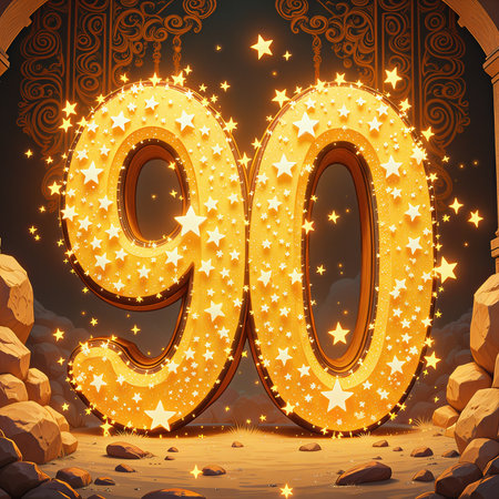 A vibrant 90th birthday celebration featuring illuminated golden numbers adorned with stars, set against a desert backdrop with ornate arches.の素材