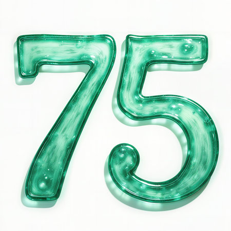 A 75th birthday celebration depicted with translucent green glass numbers against a white background.の素材