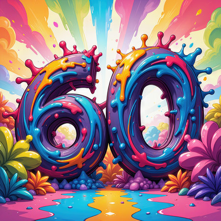 A vibrant 60th birthday illustration featuring large, dripping numbers 60 amidst a lush, rainbow-colored background with exotic plants.の素材