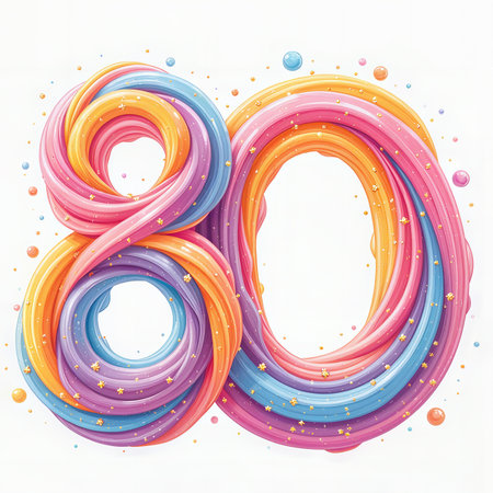 A vibrant 80th birthday celebration featuring a swirling, multicolored number 80 with sparkling confetti and dots on a white background.の素材