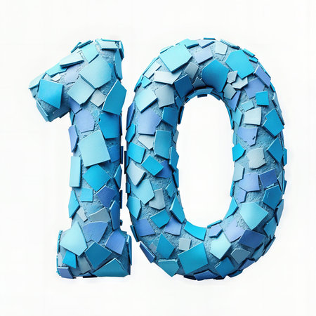 A 10th birthday celebration is depicted with a mosaic number 10 made of blue fragments on a white background.の素材