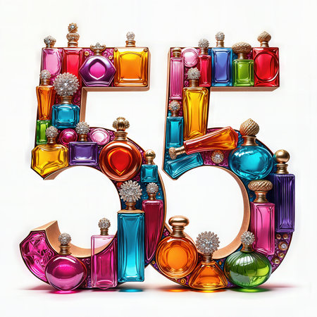 Celebrating a 55th birthday, colorful perfume bottles creatively arranged to form the number 55 against a white background.の素材