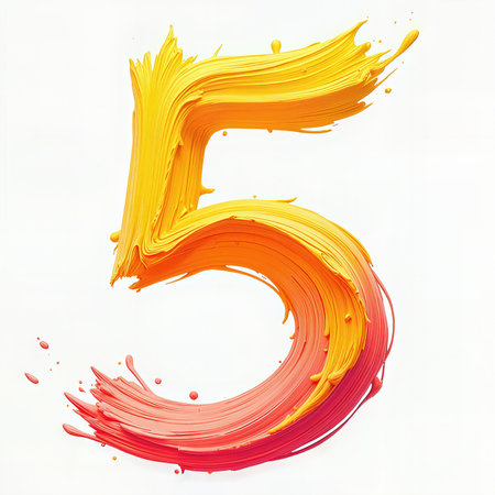 A colorful number five painted in yellow, orange, and red hues for a birthday celebration, set against a white background.の素材
