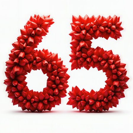 A festive birthday decoration featuring the number 65 made of red bows against a white background.の素材