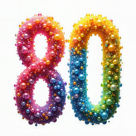 Vibrant 80th birthday number made of multicolored bubbles against a white background.の素材