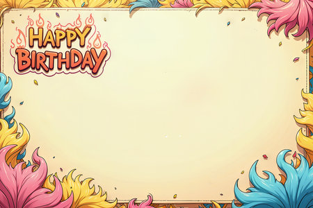 A birthday card with a flame-themed border, featuring HAPPY BIRTHDAY in flame-styled letters.の素材