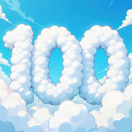 A celebratory 100th birthday scene featuring a large number 100 formed by fluffy white clouds against a blue sky with scattered clouds.の素材