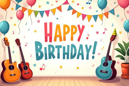 Vibrant illustration featuring guitars, balloons, and HAPPY BIRTHDAY! text amidst stars and music notes.の素材