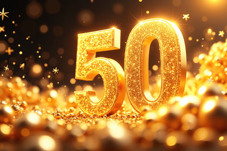 Golden '50' surrounded by glittering lights and stars, on a dark background with bokeh effect, shining brightly.の素材