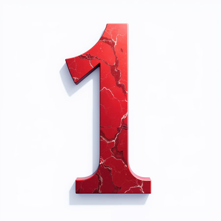 Red marble number one with white veins on a white background, an illustration for a birthday card.の素材