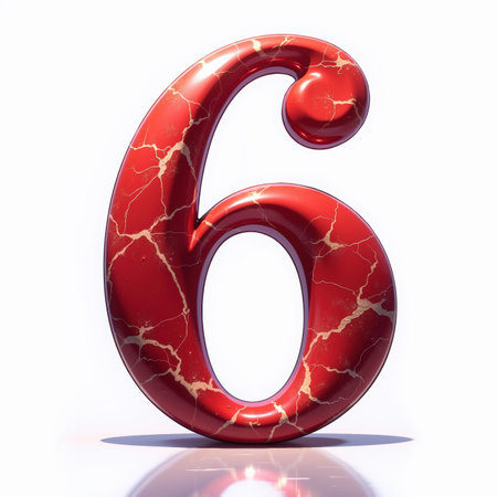 Luxurious red marble number 6 with gold cracks on a white background, perfect for a birthday card.の素材