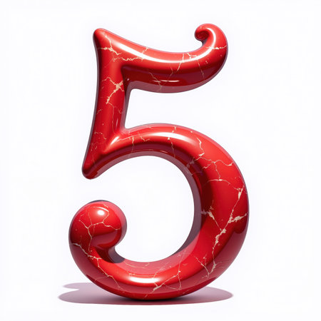The number 5 is a shiny, red marble-like object with white cracks and a subtle shadow on a white background, perfect for a birthday card.の素材