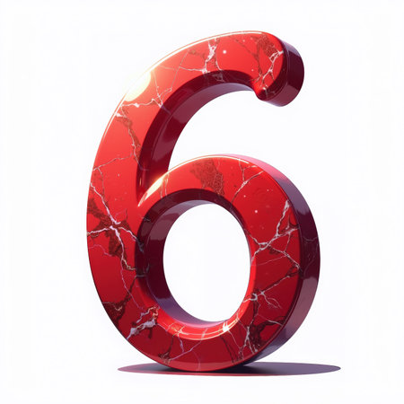 The number 6 is a shiny, red marble illustration on a white background, perfect for a birthday card.の素材