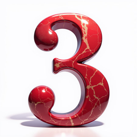 Beautiful red marble number 3 with gold cracks and shiny surface on white background for birthday.の素材