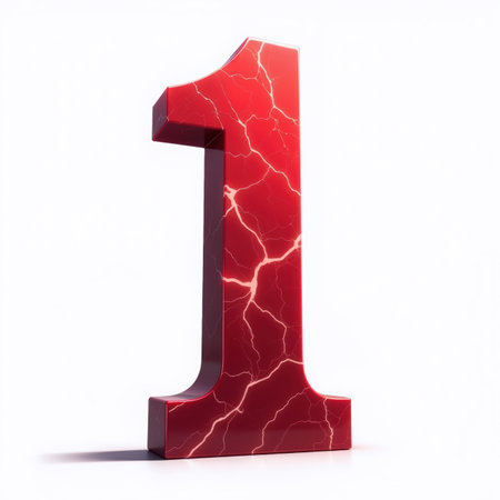 The number 1 is depicted as a red marble object, with white veins running through it, standing upright on a white background, casting a subtle shadow, illustration for a birthday card.の素材