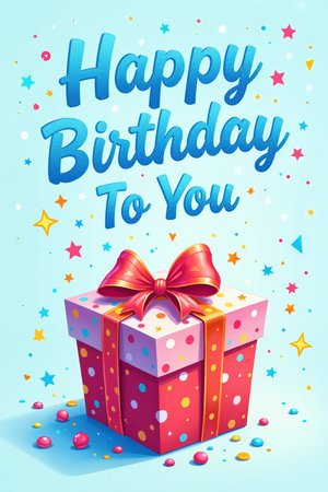 Gift box with red bow on light blue background with stars and confetti celebrating birthday.の素材