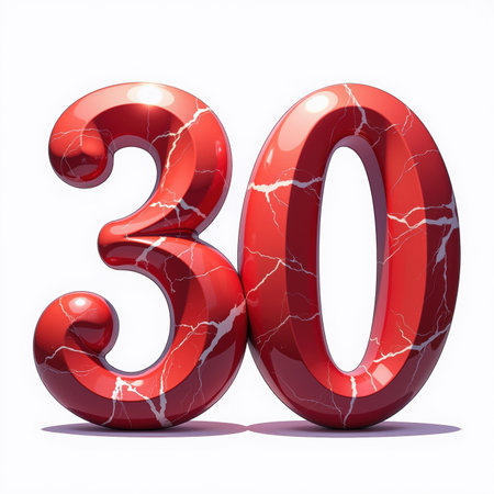 The number 30 is depicted as a shiny, red marble-like object on a white background, making it a unique birthday card illustration.の素材